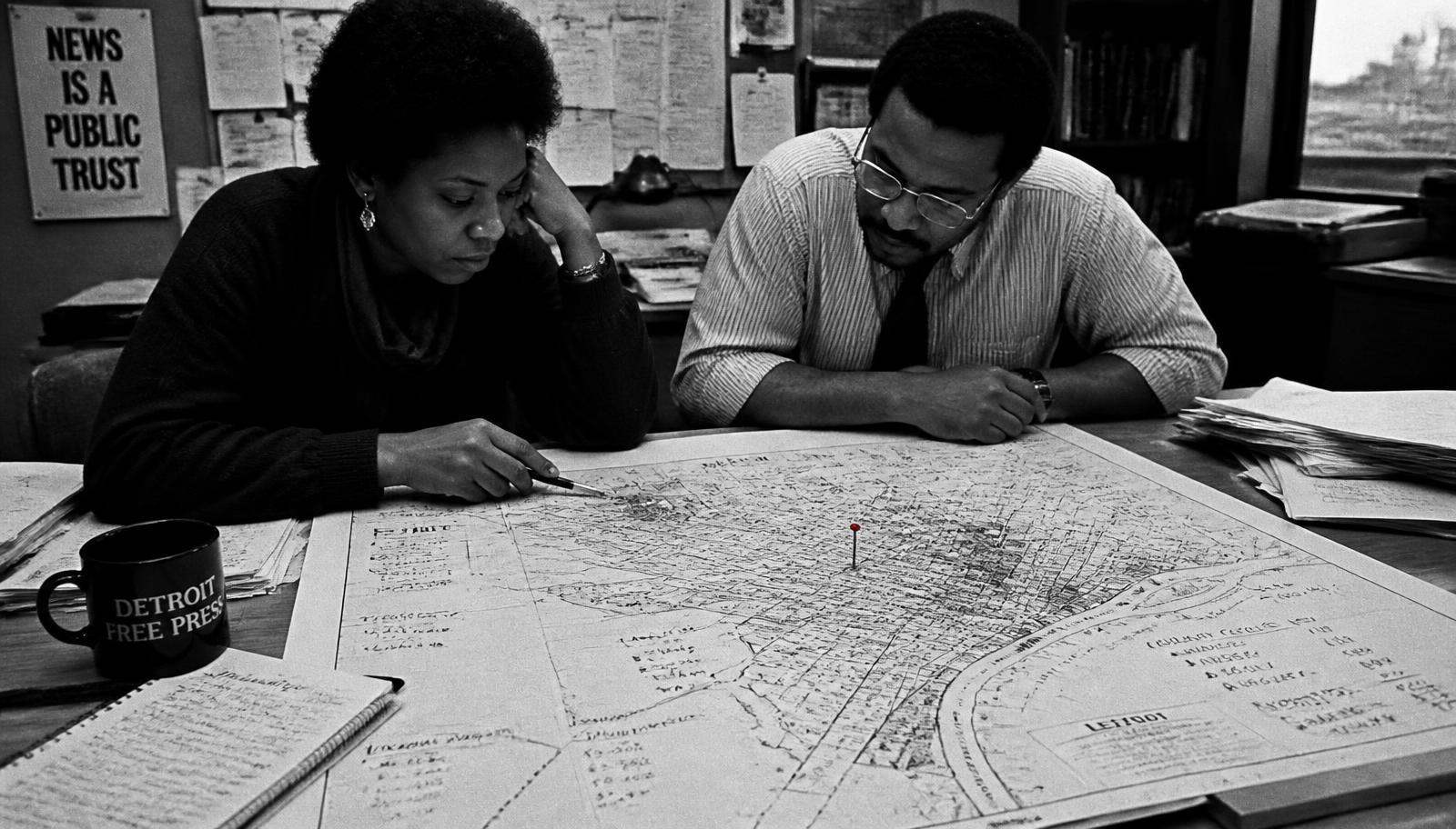 Two analysts studying a large annotated map of Detroit on a desk, a red pin marking one neighborhood