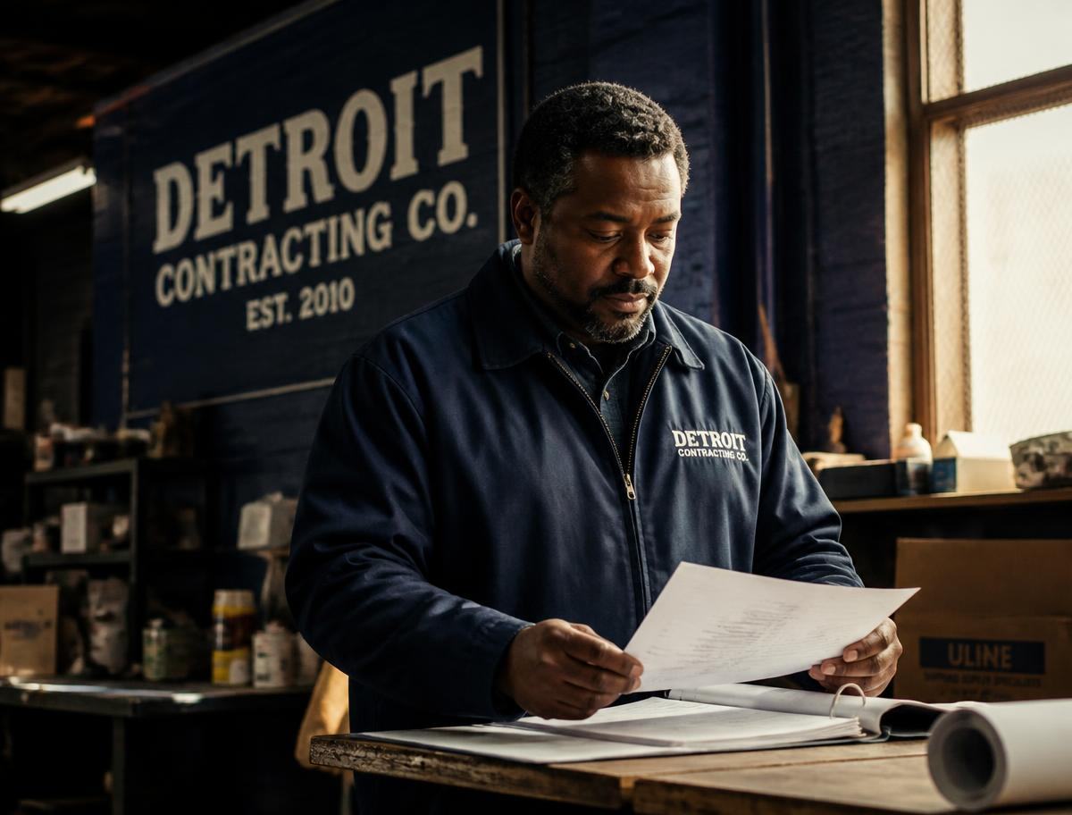A Detroit contracting business owner reviewing bid paperwork in his warehouse
